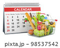 Shopping  full of grocery products with desk calendar, 3D rendering 98537542