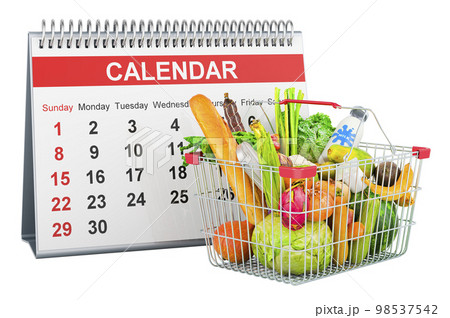Shopping  full of grocery products with desk calendar, 3D rendering Shopping  full of grocery products with desk calendar, 3D rendering 98537542