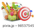 Shopping basket full of grocery products with goal and arrows, 3D rendering 98537545