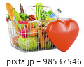 Shopping basket full of grocery products with red heart, 3D rendering 98537546