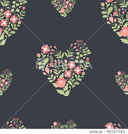 Flower heart seamless pattern. Floral heart of decorative red flowers on black background. Vector illustration in flat style for wallpaper, textile, packaging, decor and design. 98537583