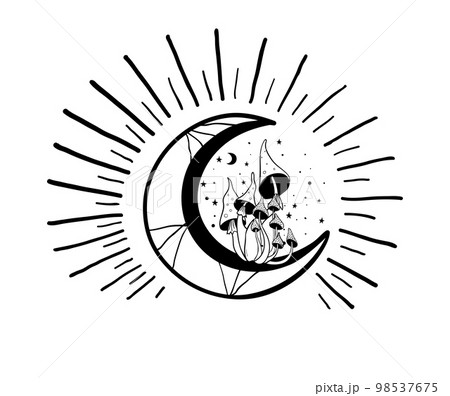 Microdose concept illustration, mystical mushrooms growing on the shining moon, psychedelic vector isolated line illustration. Witch tattoo, funny fly agaric sticker. Microdose concept illustration, mystical mushrooms growing on the shining moon, psychedelic vector isolated line illustration. Witch tattoo, funny fly agaric sticker. 98537675