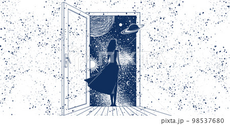 Mystical background with a woman for astrology, the girl stands with her back at the open door to space. Magic illustration with planets, concept of surrealism and psychedelics. Vector banner. 98537680
