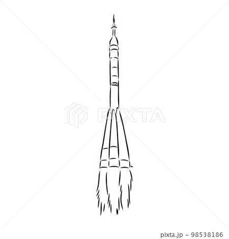 Hand drawn illustration of a geometric space shuttle. Design in dot art style with engraved elements. Sketch isolated on vintage background. Space rocket launch. Concept for start up, release etc. 98538186