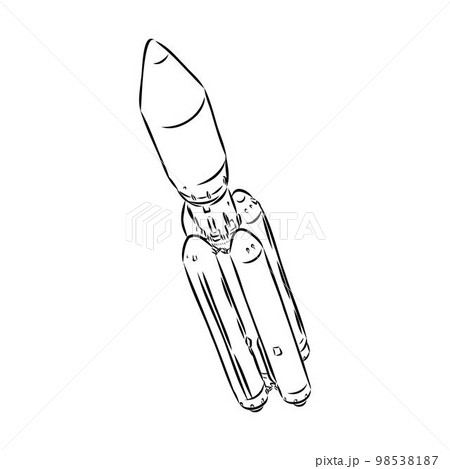 Hand drawn illustration of a geometric space shuttle. Design in dot art style with engraved elements. Sketch isolated on vintage background. Space rocket launch. Concept for start up, release etc. 98538187