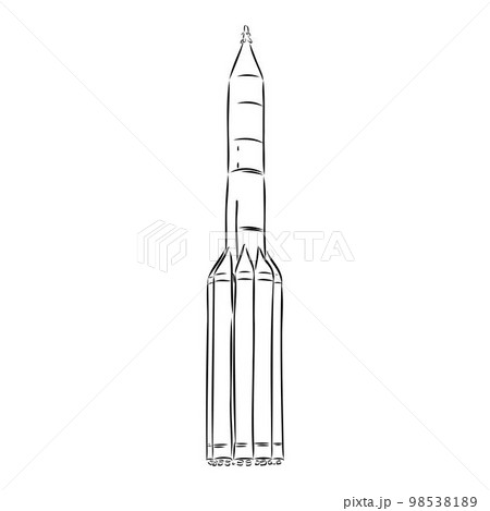 Hand drawn illustration of a geometric space shuttle. Design in dot art style with engraved elements. Sketch isolated on vintage background. Space rocket launch. Concept for start up, release etc. 98538189