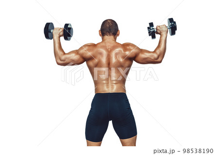 Athletic muscular man doing exercises with dumbbells showing his back on white background 98538190