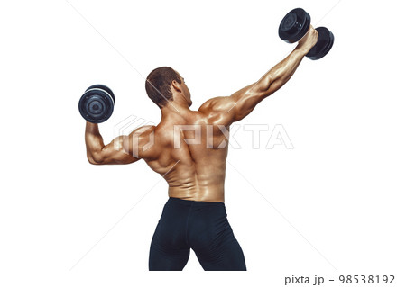 Back view of athletic muscular man who doing exercises with dumbbells on white background 98538192