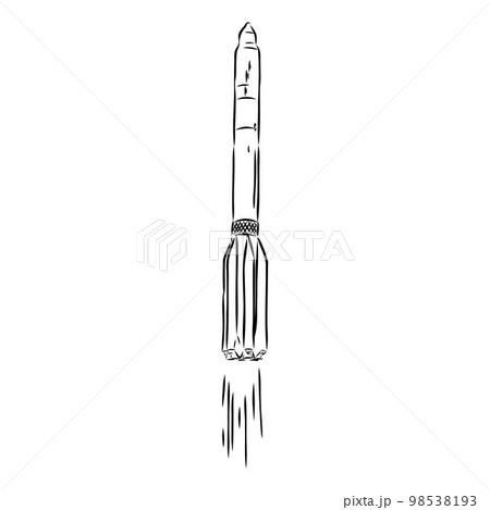 Hand drawn illustration of a geometric space shuttle. Design in dot art style with engraved elements. Sketch isolated on vintage background. Space rocket launch. Concept for start up, release etc. 98538193