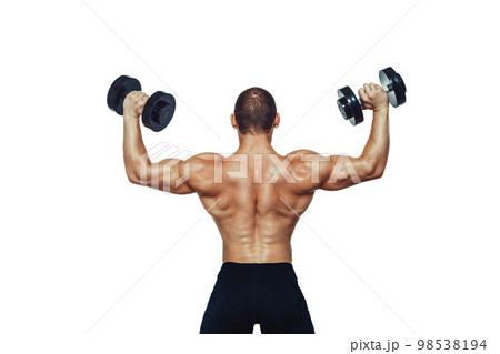 Strong bodybuilder doing exercises with dumbbells which showing his back on white background Strong bodybuilder doing exercises with dumbbells which showing his back on white background 98538194