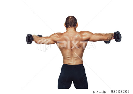 Strong bodybuilder man doing exercises with dumbbells while showing his back on white background 98538205