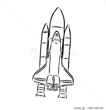 Hand drawn illustration of a geometric space shuttle. Design in dot art style with engraved elements. Sketch isolated on vintage background. Space rocket launch. Concept for start up, release etc. Hand drawn illustration of a geometric space shuttle. Design in dot art style with engraved elements. Sketch isolated on vintage background. Space rocket launch. Concept for start up, release etc. 98538206