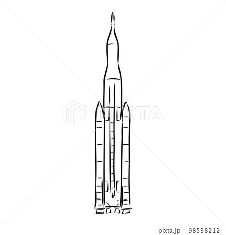 Hand drawn illustration of a geometric space shuttle. Design in dot art style with engraved elements. Sketch isolated on vintage background. Space rocket launch. Concept for start up, release etc. 98538212