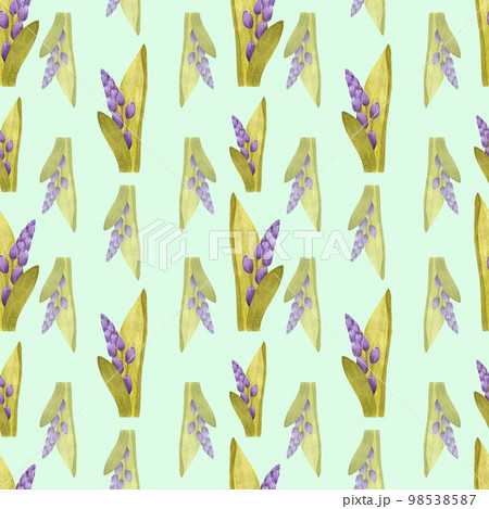 Handdrawn hyacinth seamless pattern. Watercolor hyacinth on the mint background. Scrapbook design elements. Typography poster, wedding card, label, banner design set, textile. 98538587