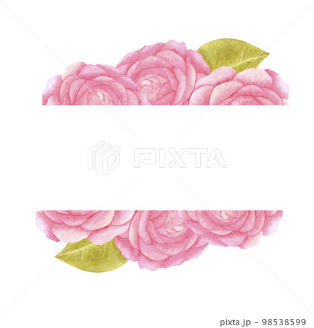 Handdrawn Watercolor pink roses frame with green leaves on the white background. Scrapbook design, typography poster, label, banner, post card. Handdrawn Watercolor pink roses frame with green leaves on the white background. Scrapbook design, typography poster, label, banner, post card. 98538599