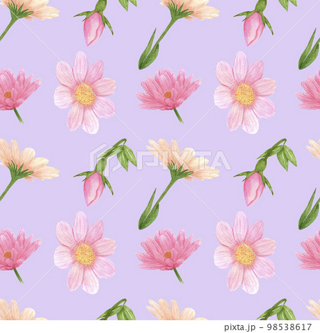 Handdrawn aster seamless pattern. Watercolor pink flowers with green leaves on the purple background. Scrapbook design, typography poster, label, banner, textile. 98538617
