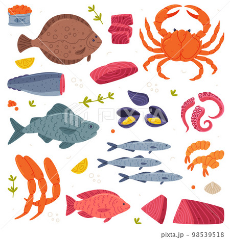 Seafood with Fish, Crustacean and Shellfish as Fresh Sea Product Vector Set Seafood with Fish, Crustacean and Shellfish as Fresh Sea Product Vector Set 98539518