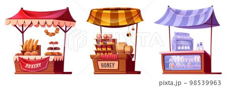 Farm market stalls, wooden fair booths, kiosks 98539963
