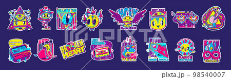 Retro colorful stickers, rave psychedelic icons 98540007