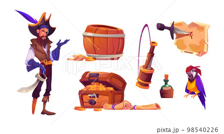 Pirate in hat, treasure box, rum bottle, parrot 98540226