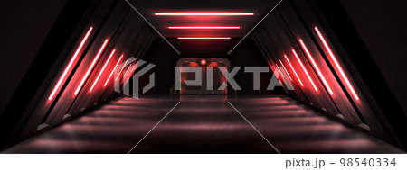 Dark hall with metal door and red illumination 98540334