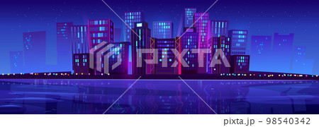 Modern night city near river, neon lights 98540342