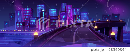 Night city skyline view from bridge, urban road 98540344
