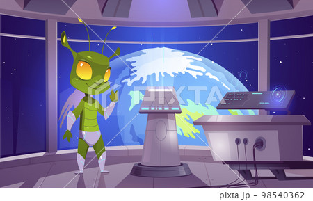 Cartoon alien in spacecraft approaching Earth 98540362