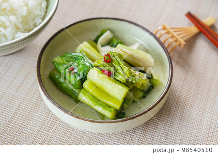 食卓のご飯と野沢菜漬け 食卓のご飯と野沢菜漬け 98540510
