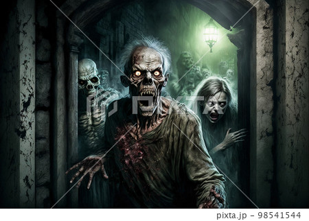 Zombies walking down a passage AI generative	 98541544