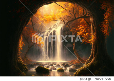 Fantasy autumn forest waterfall scene AI Generative	 98541550