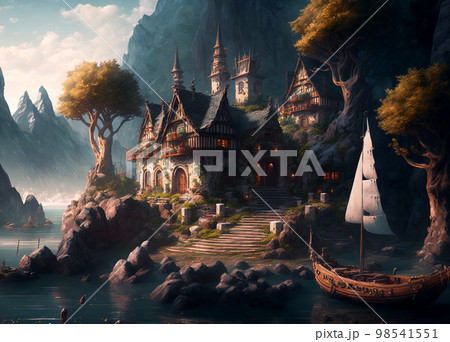 Fantasy village port scene AI generative Fantasy village port scene AI generative 98541551