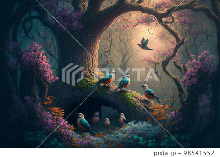 Fantasy forest scene with birds and flowers AI Generative	 98541552