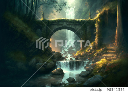 Fantasy forest stone bridge scene AI Generative	 98541553