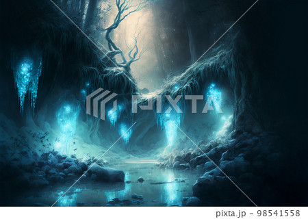 Fantasy crystalline forest scene AI Generative	 98541558
