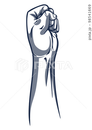 Rised fist hand gesture monochrome drawn emblem. Vector hand clenched into fist and rising up, symbol isolated on white background. Power sign. Human hand up in the air 98541669