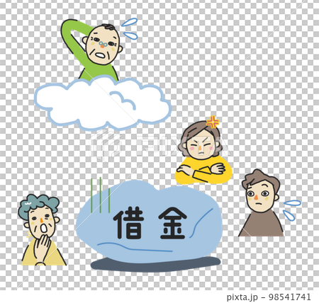 A bereaved family who is surprised and angry at being left with a negative inheritance and a father with a dead expression in heaven Illustration material 98541741