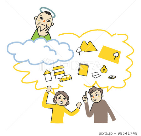 相続について言い争うきょうだいと天国からそれを見下ろす父親　　イラスト素材 98541748