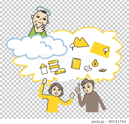 相続について言い争うきょうだいと天国からそれを見下ろす父親　　イラスト素材 98541748