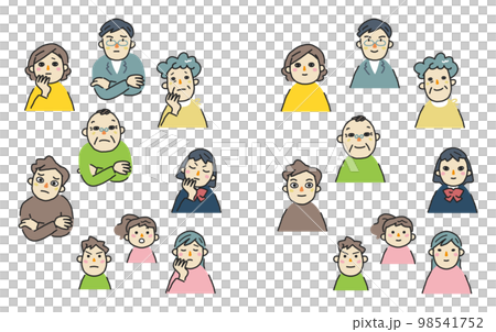 お祖父ちゃんから孫までの笑顔と困った表情集　セット　イラスト素材 98541752