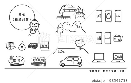 遺産相続する資産について考える男性　セット　イラスト素材		 98541753
