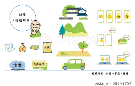 遺産相続する資産について考える男性　セット　イラスト素材		 98541754