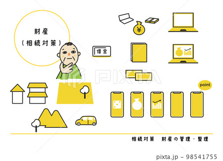 遺産相続する資産について考える男性　セット　イラスト素材		 98541755