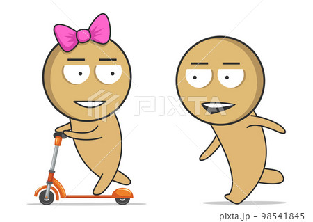 A boy runs after a girl who is riding a scooter. 98541845