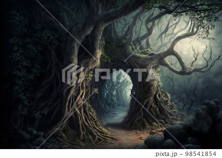 Fantasy forest old gnarled trees and path scene AI Generative	 98541854