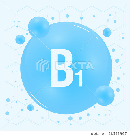 Vitamin B1 shining pill capcule icon. Vitamin complex with chemical formula, group B, thiamine. Shining substance drop. Meds for heath ads. Vector illustration 98541997