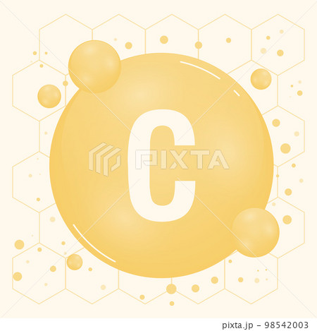 Vitamin C gold shining pill capcule icon. Vitamin complex with Chemical formula, ascorbic acid. Shining substance drop. Meds for heath ads. Vector illustration 98542003