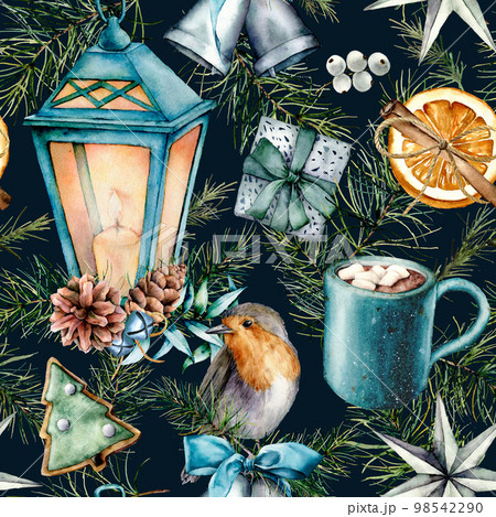 Watercolor scandinavian pattern of Christmas. Hand painted lantern, bells, robin, cookies, orange slice, cacao cup, cinnamon and pine branch isolated on blue background. Holiday ornament for design 98542290