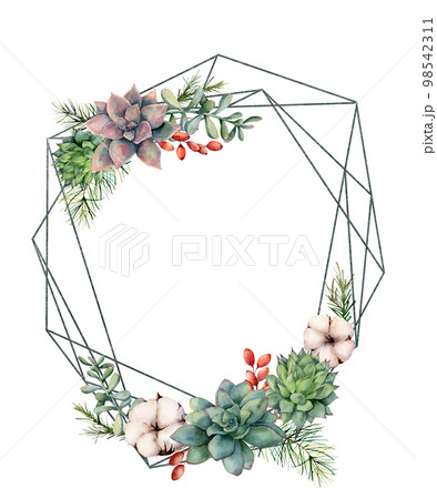 Watercolor polygonal frame with succulents and eucalyptus. Hand drawn modern floral label with eucalyptus leaves and branches isolated on white. Wedding, greeting template for design, print 98542311