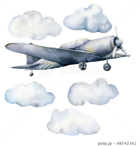 Watercolor set with clouds and airplane. Hand painted sky illustration with aircraft isolated on white background. For design, prints, fabric or background. Watercolor set with clouds and airplane. Hand painted sky illustration with aircraft isolated on white background. For design, prints, fabric or background. 98542361